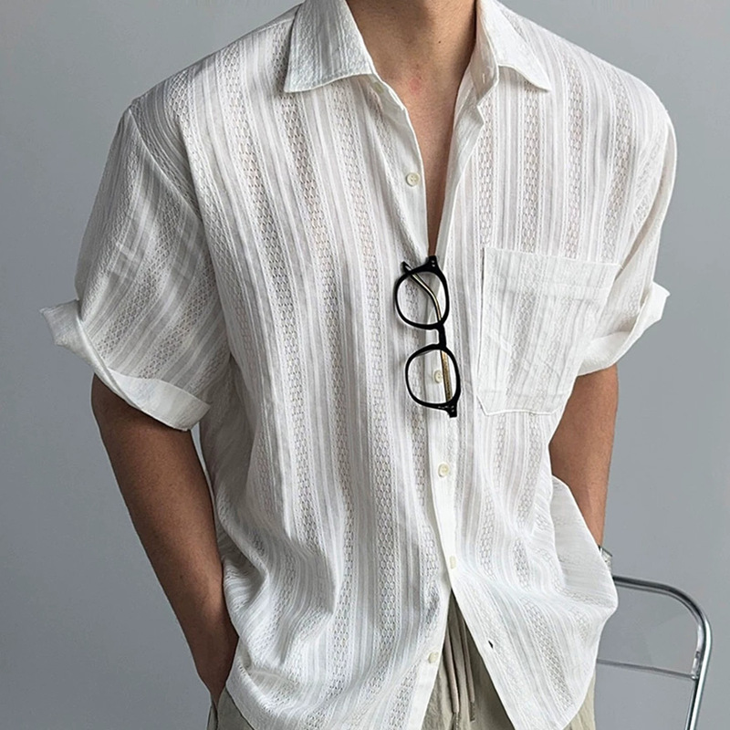 Factory "Retro Hollow-Out Design" Short-Sleeved Shirt for Men, New Summer Style, Lightweight Mesh Breathable Shirt, Trendy