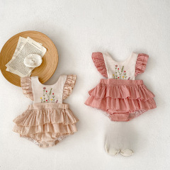 ins夏季女童繡花荷葉邊連體衣嬰兒哈衣寶寶公主百日宴禮服