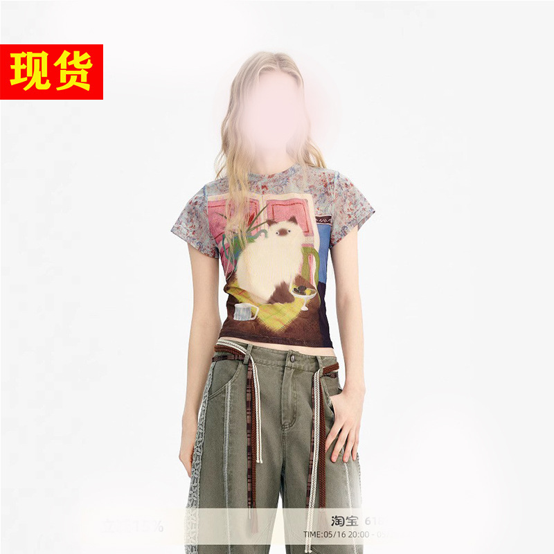 Outthe B Mural Cat "Original Summer New Light and Breathable Retro Printed Short-Sleeved T-Shirt for Women