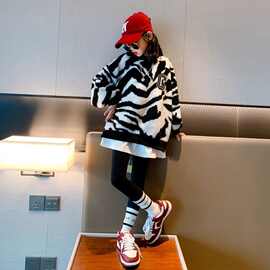 女童卫衣冬季洋气时尚网红女童装时髦女大童加厚假两件毛毛衣