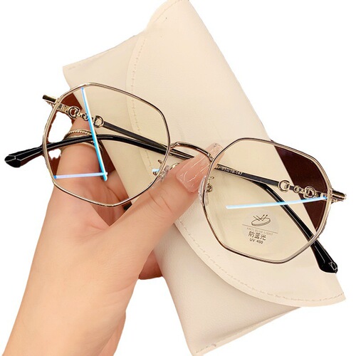 Anti-blue light women's plain glasses, eye protection gold wire eyeglass frames, face-slimming polygonal glasses for internet celebrities