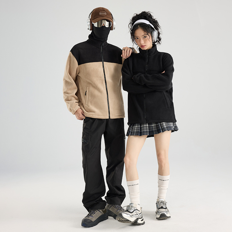 2910 invierno abrigo de grafeno abrigo de terciopelo pareja de cuello vertical empalmado chaqueta casual suelta