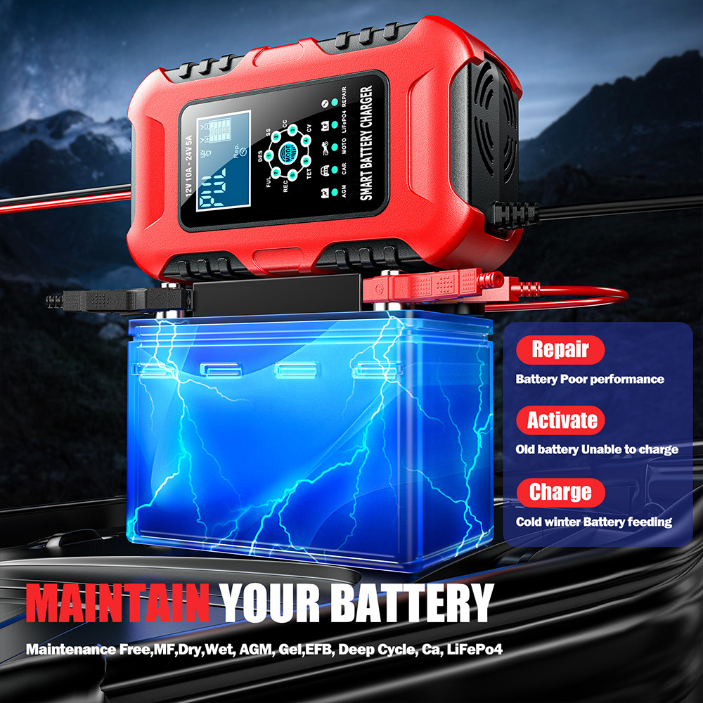 12V10A 24V5A battery charger, lead-acid battery charging and pulse repair device, red, European standard