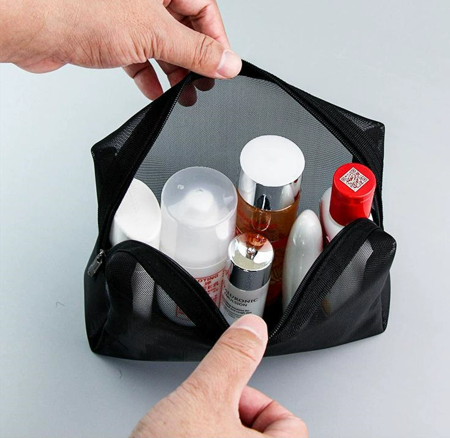 Black nylon cosmetic bag, travel bag, storage system, custom-made, polyester