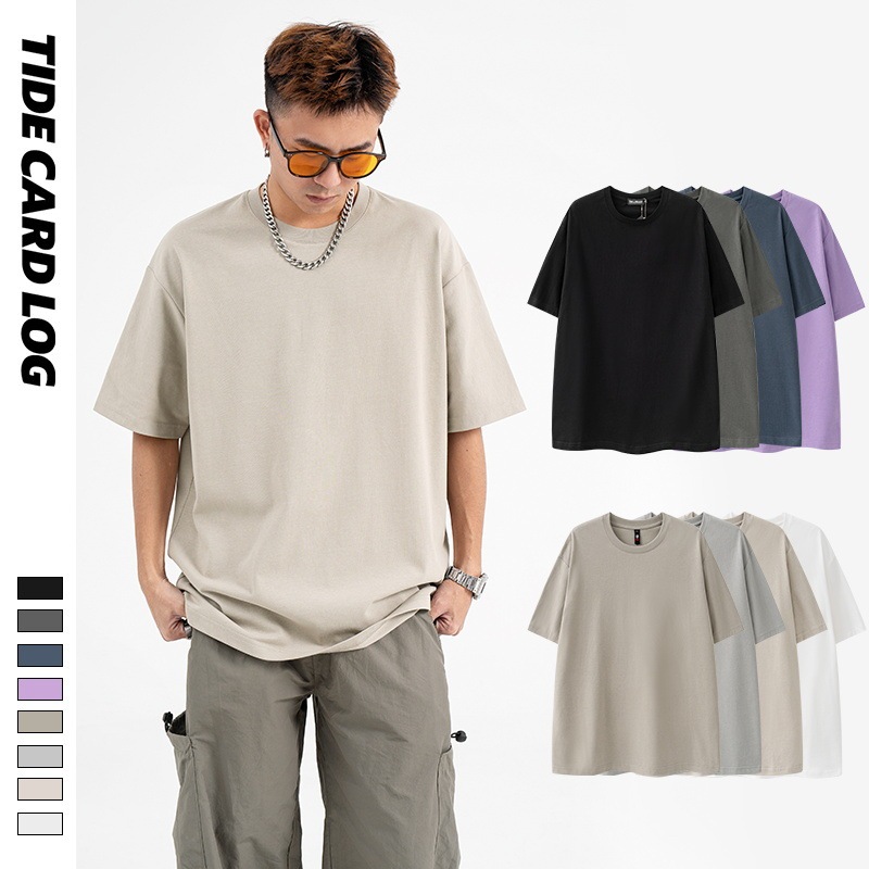 Men's summer new 280g heavy men's cotton European and American fashion brand High Street solid color short sleeve loose T-shirt