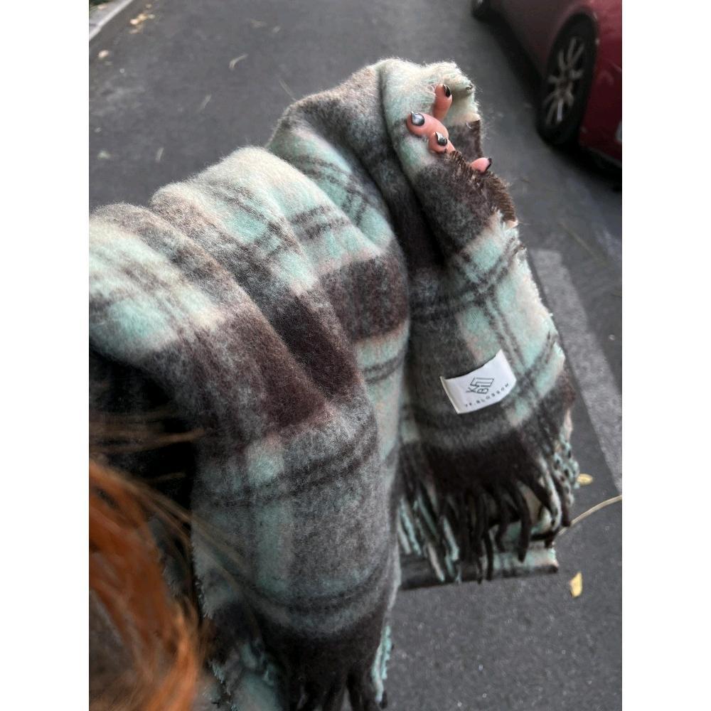 Scarf Winter Women's Thickened Mint Green brown Plaid Mohair Warm Korean Style High-end Couple's Scarf for Men
