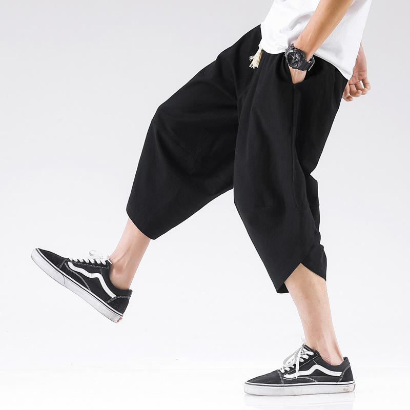 2023 Summer New Chinese Style Linen Capri Pants Men's Loose plus size Trendy Japanese Harlan Shorts Men's