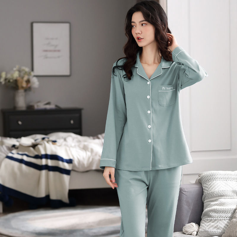 Pijamas de algodón para mujeres primavera y otoño de manga larga moda cardigan juvenil de mediana edad set de ropa casera casual se puede usar fuera