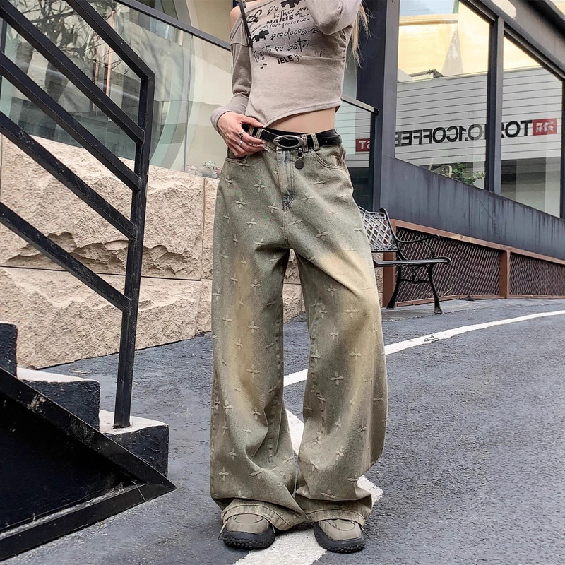 2026 Mid-Waist Women's Jeans Spring New Style Spicy Girl Wide-Leg Heavy-Duty Cross Star Loose Washed Vintage Straight-Leg