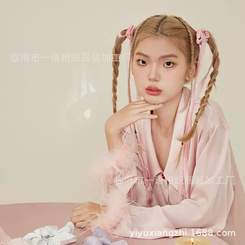 春季新款方领羽毛仿真丝睡衣女仙女风翻领薄款女士家居服套装批发