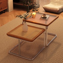 实木茶几客厅家用小户型藤编玻璃组合茶桌中古风沙发边几简约茶桌