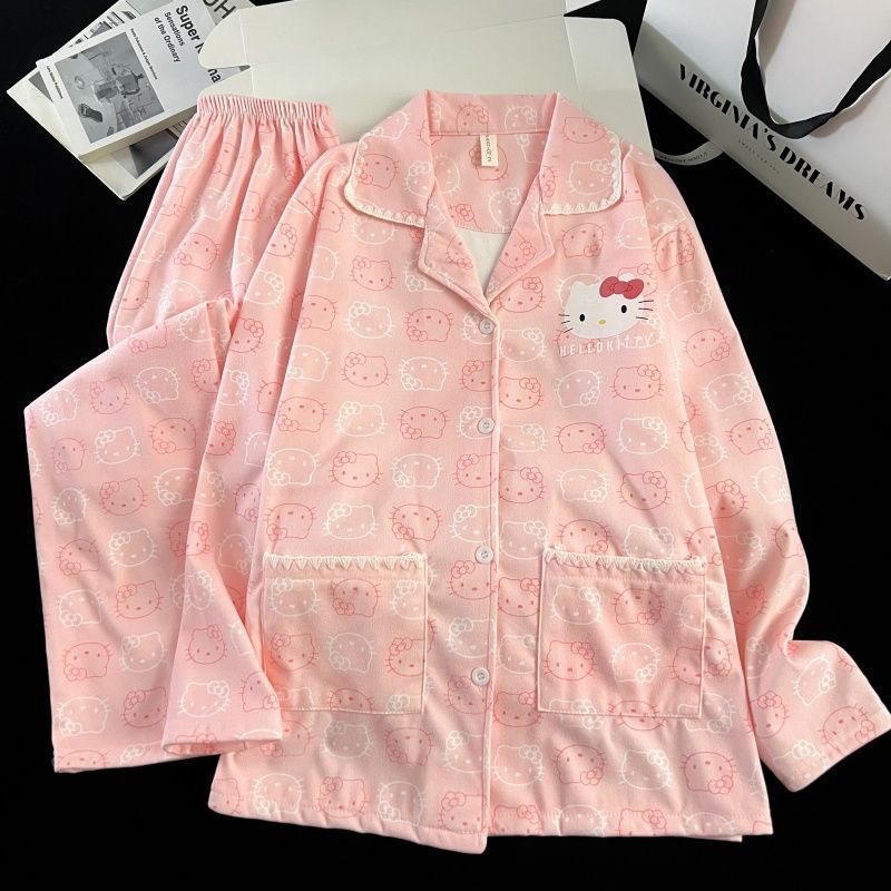 Super lindo rosa Kitty gato pijama mujer otoño invierno calentamiento de terciopelo de manga larga pantalones largos set de ropa para el hogar de alto valor