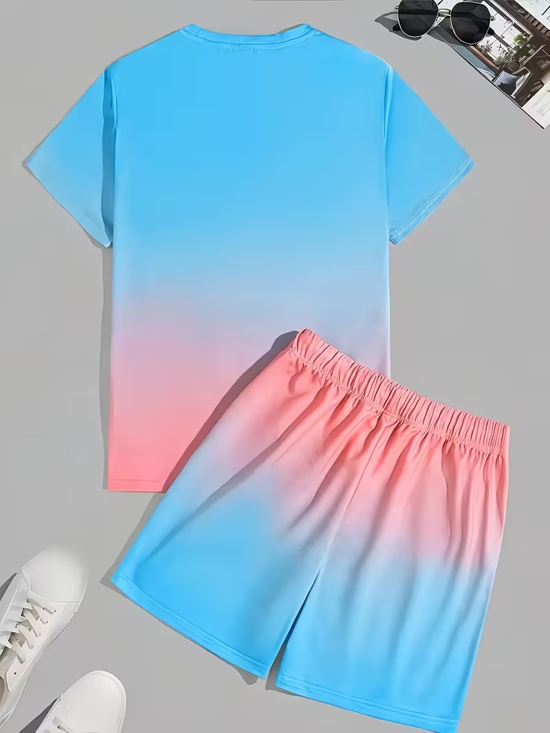 Fuente de fábrica de impresión de verano camiseta pantalones cortos gradiente transfronterizos casuales set de manga corta Europa