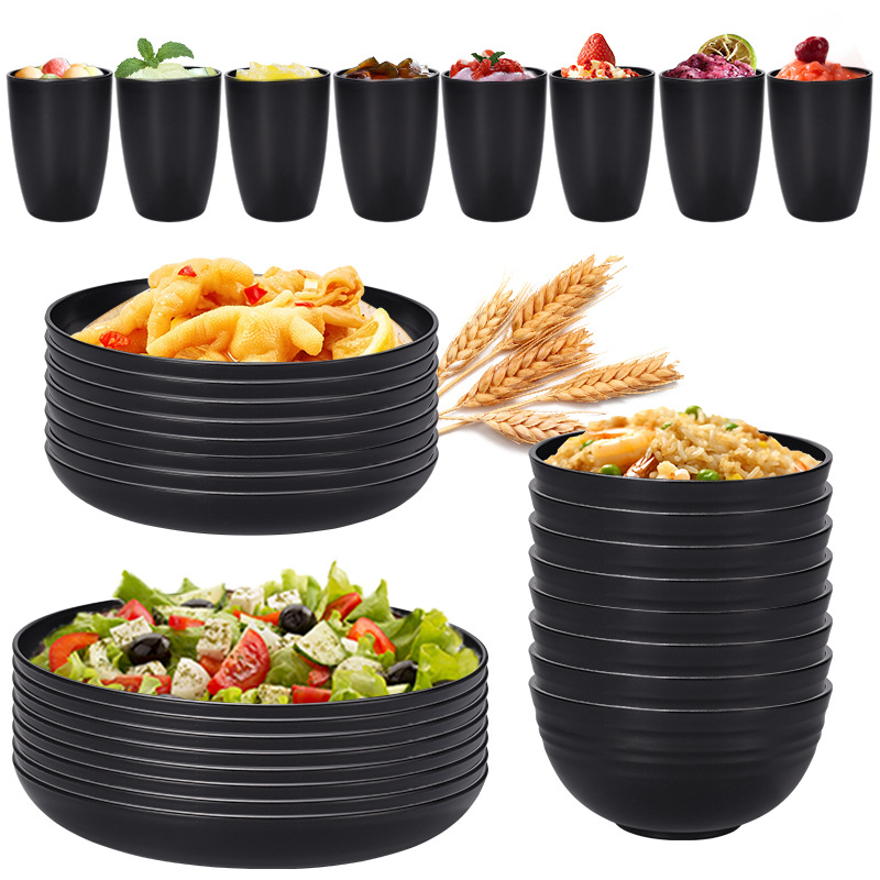 Cross-border Amazon wheat dishes, plates, cups, black dinner plates, 24-piece set, plastic plates, bowls, cups, gift set