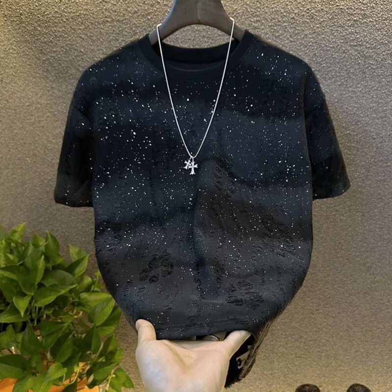 Foreign Trade Summer Men's Gipsophila Short-sleeved T-shirt Trendy Sequin Hole Crewneck Slim-fit Cheap Half-sleeved T-shirt Foreign Trade Summer Men's Gipsophila Short-sleeved T-shirt Trendy Sequin Hole Crewneck Slim-fit Cheap Half-sleeved T-shirt