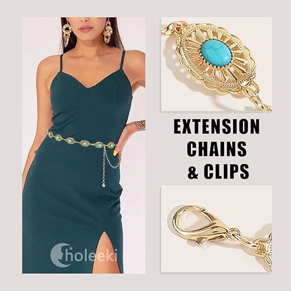 Fashionable Turquoise Rhinestone Metal Waist Chain Women's Dress Belt Accessory with a High-End Feel
