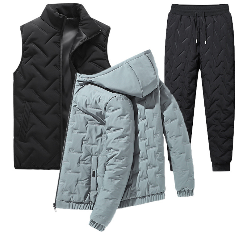 Comercio exterior transfronterizo hombre de algodón grueso abrigo de invierno nuevo conjunto de ropa de invierno de tres piezas chaqueta de algodón de plumón cálido conjunto