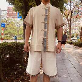 男款上衣傣族复古风泼水唐装云南西双版纳短袖夏季节目主持大码新
