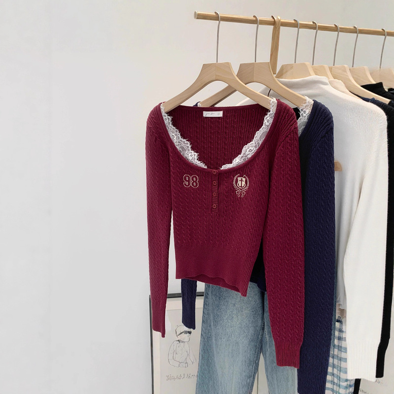 American Style Tops for Women Long-Sleeved Autumn and Winter New Style Lazy High-End Long-Sleeved Retro Lace Red Sweater