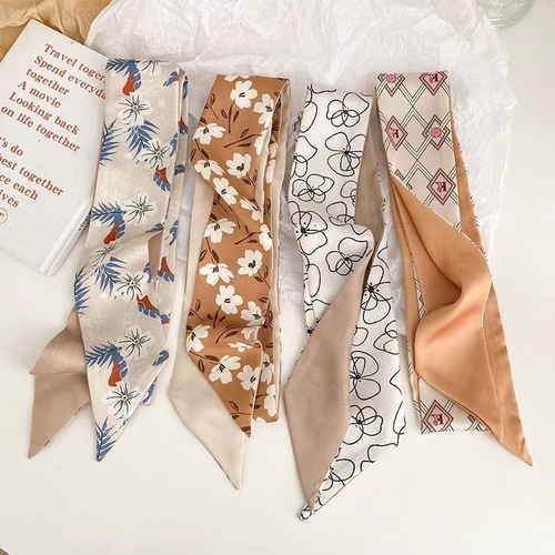 Elegant Beige Color Small Silk Scarf with Tassel Multi-functional Spring Hair Tying Fashion Long Narrow Collar Scarf Ins Korean Version