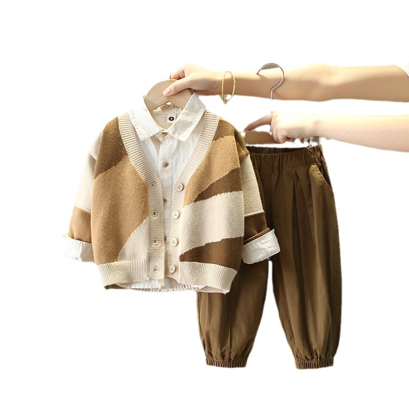 6287 Traje de primavera y otoño para niños 2025 nuevo estilo estilo occidental suéter de manga larga para niños traje de tres piezas bebé primavera y otoño versión coreana