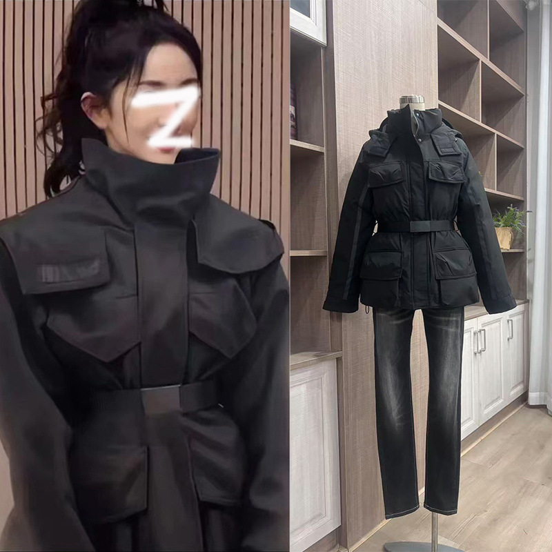 In-Stock Yang Mi Style Hooded Windbreaker Jacket for Women, 2025 Winter, High-End Feel, Fleece-Lined, Thickened, Waist-Cinching Cotton Coat, Trench Coat