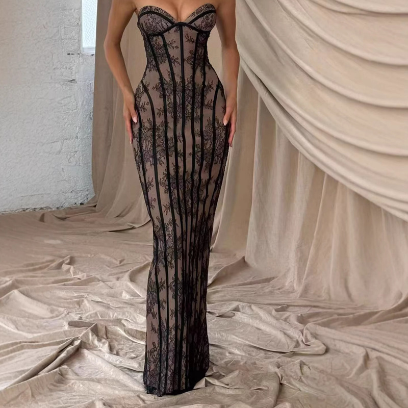 2026 Lace Strapless Tight-Fitting Long Dress with Vertical Stripes, Bodycon Skirt, Slim-Fit Evening Party Dress for Women, Fashionable and Elegant 2026 Lace Strapless Tight-Fitting Long Dress with Vertical Stripes, Bodycon Skirt, Slim-Fit Evening Party Dress for Women, Fashionable and Elegant