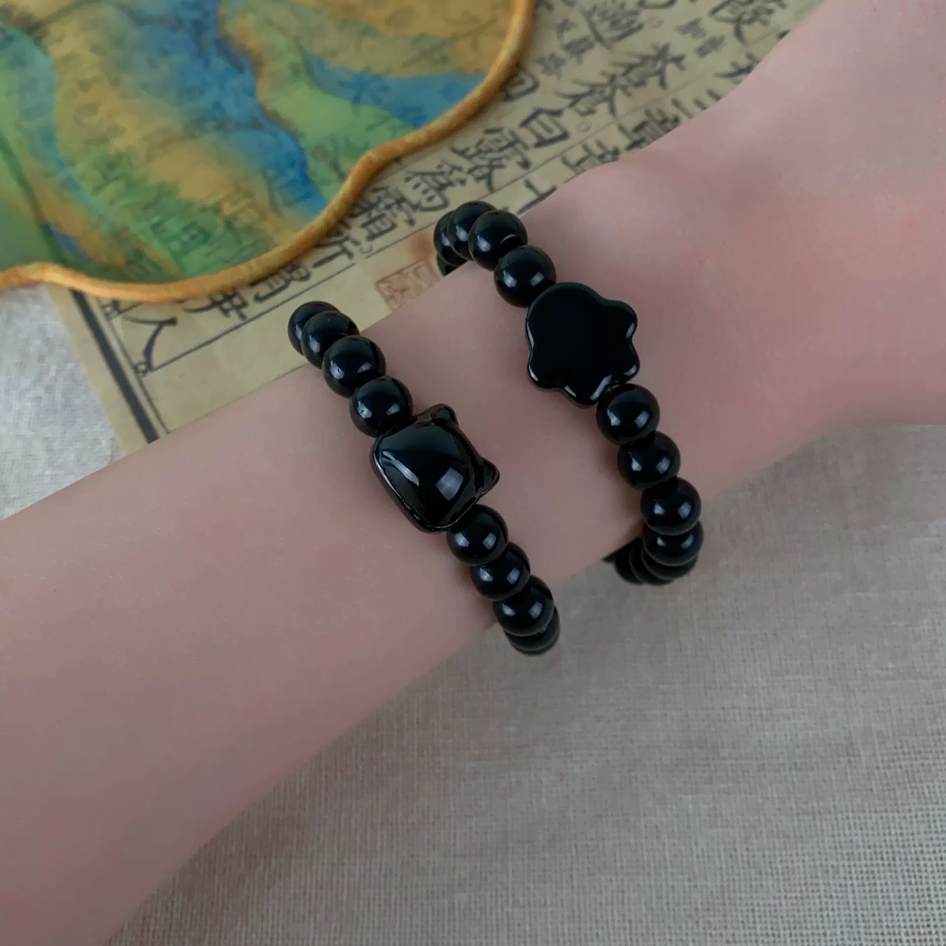 中古风仿黑曜石猫头手串甜美小清新设计猫爪手环情侣闺蜜百搭手饰