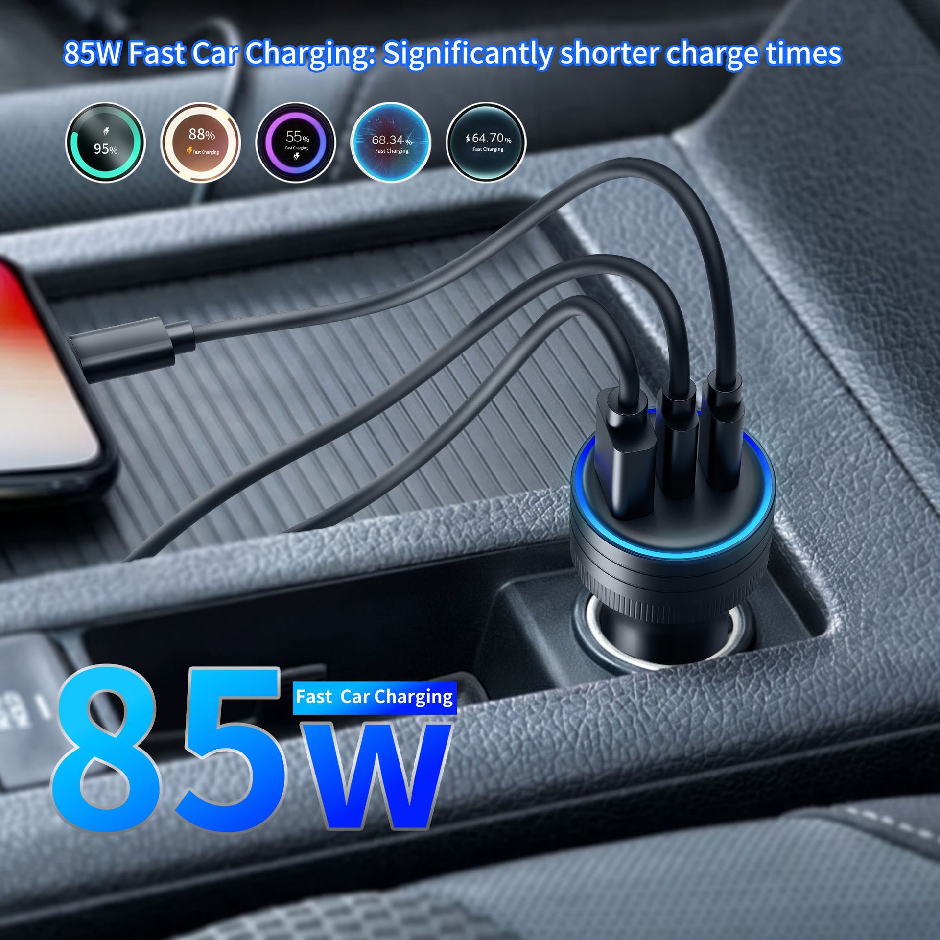 85W Aluminum Alloy Car Charger USB+Dual PD Multi-port Smart Cigarette Lighter One-to-Three Mobile Phone Fast Charging Car Charger