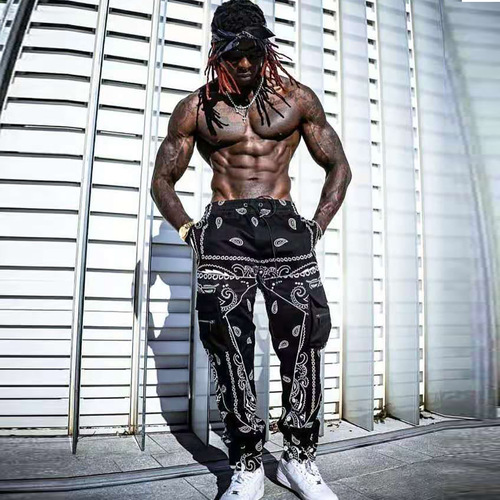 Bestselling work pants with fruit print, multiple pockets, loose street-style high-top harlequin pants for men