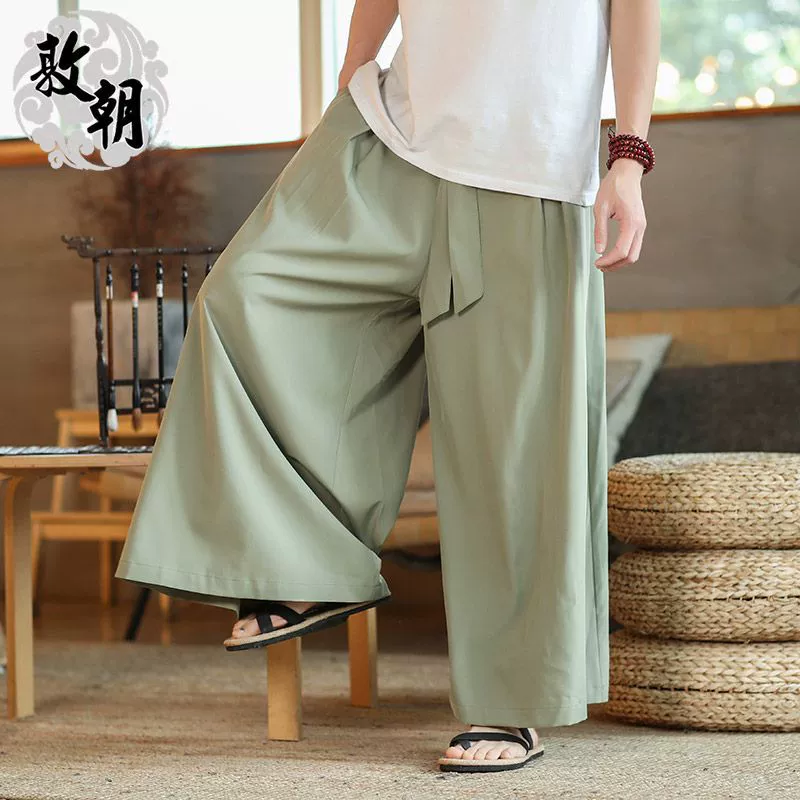 Летние брюки с подвесками и прямыми штанинами, мужской костюм в китайском стиле Тан, тонкие повседневные брюки из ледяного шелка, Феи-кюлоты в стиле ретро