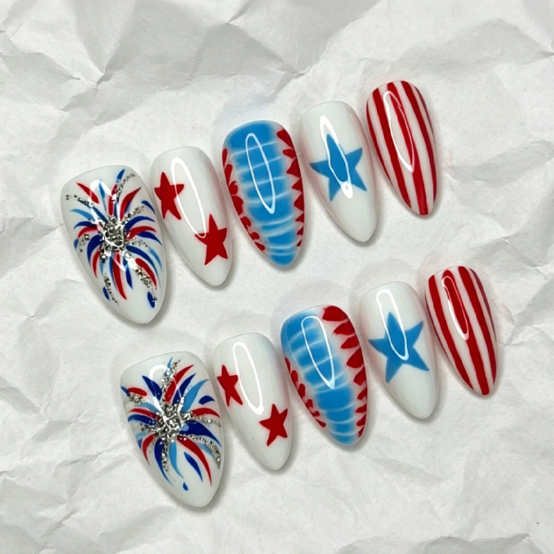 European and American cross-border popular detachable medium-long wearable nails with red and blue star stripes European and American cross-border popular detachable medium-long wearable nails with red and blue star stripes