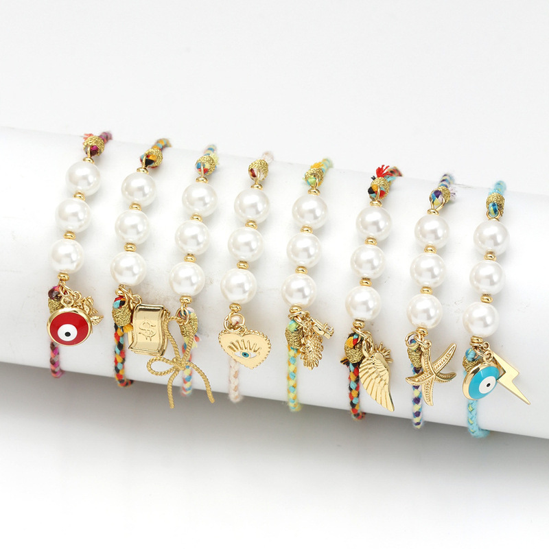 Bow Glass Beads Colored Rope Woven Bracelet European and American Bracelet Cross-border Turkish Evil Eye Adjustable Bracelet Couple