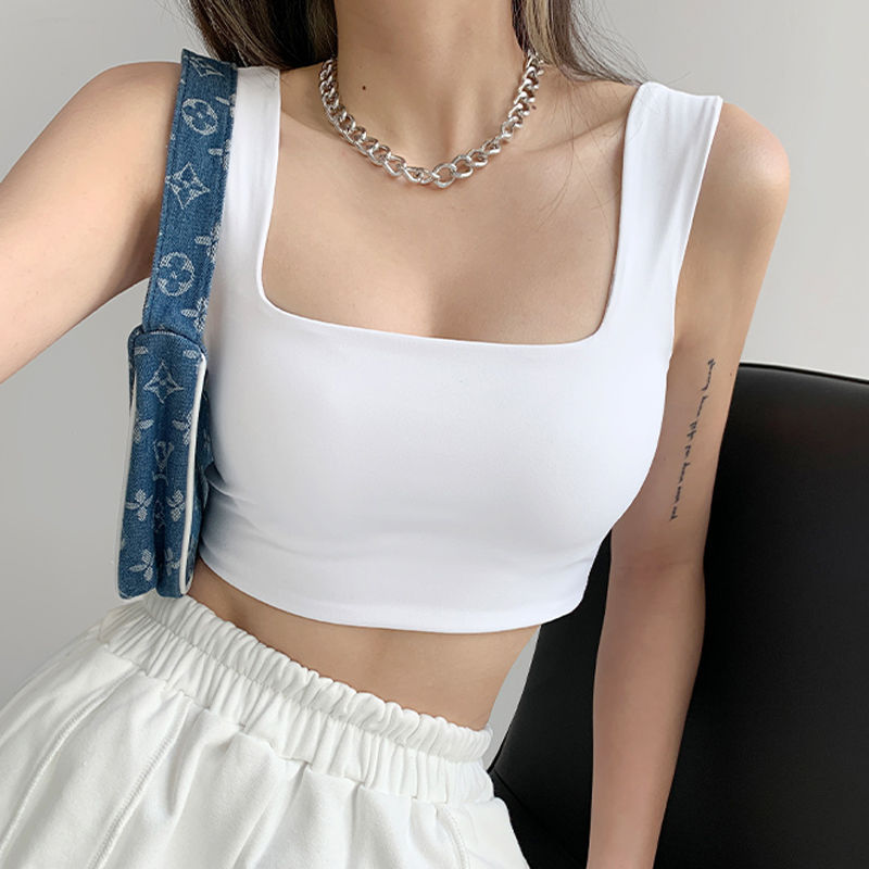Cross-border Sports Wide Shoulder Camisole Women's Outfit Niche Design Sexy Sweet Hot High Waist Short Top for Summer