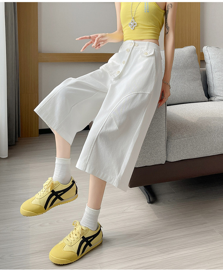 Quần culottes nữ ống rộng cạp cao dáng suông vải cotton — màu trắng chi tiết 15