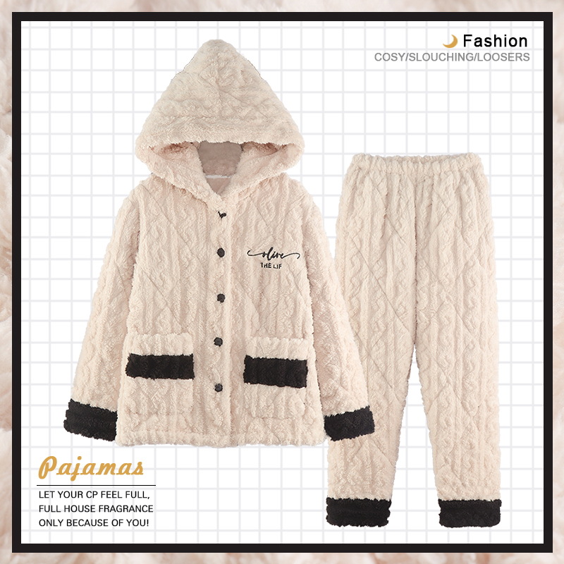 Jiao Caimeng pijamas de pareja de invierno coral polar de tres capas acolchadas engrosadas franela de hombres y mujeres estilo coreano Otoño e Invierno