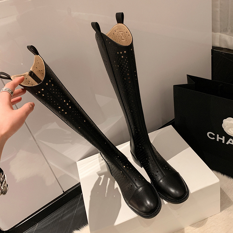 Boot nữ cổ cao rỗng dạng lưới, phong cách thể thao, ống cao thoáng khí — Màu đen