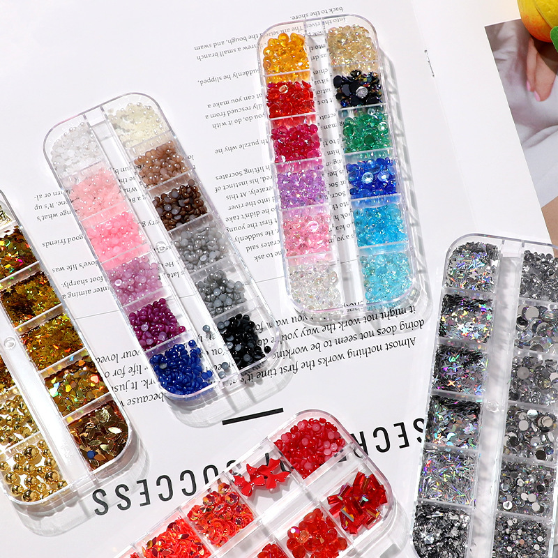 Cross-border nail ornaments 12 grid long boxed flat acrylic diamond AB diamond nail drill size mixed nail ornaments