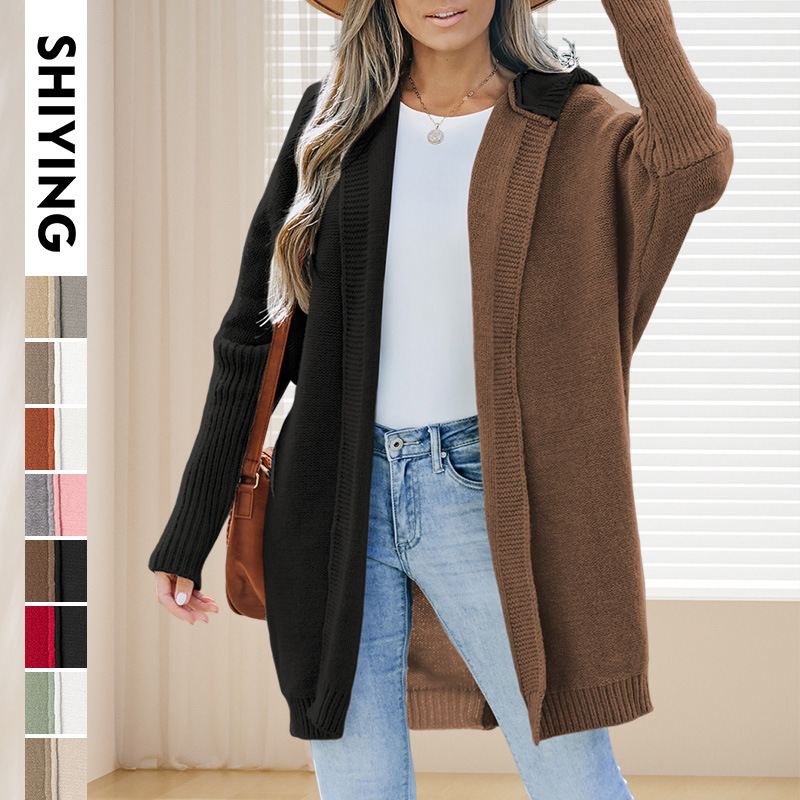 Trendy Color-Block Vintage Cardigan Sweater for Women, Long Sleeve Versatile Hoodie Knitted Top, New European and American Cross-Border Women's Fashion
