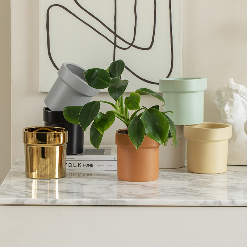 Nordic light luxury minimalist gold-plated ceramic flower pot, desktop flower arrangement container decoration orchid and dragon grass