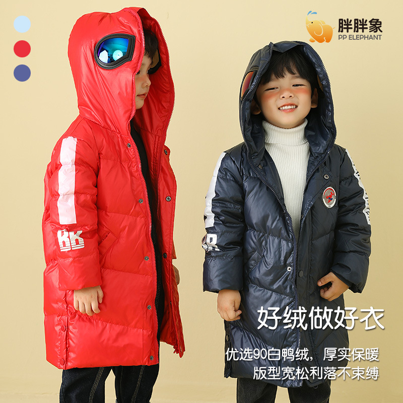 90% invierno nuevos hombres y mujeres ropa chaqueta de abajo para niños chaqueta de monstruo con capucha de longitud media para niños medianos y grandes