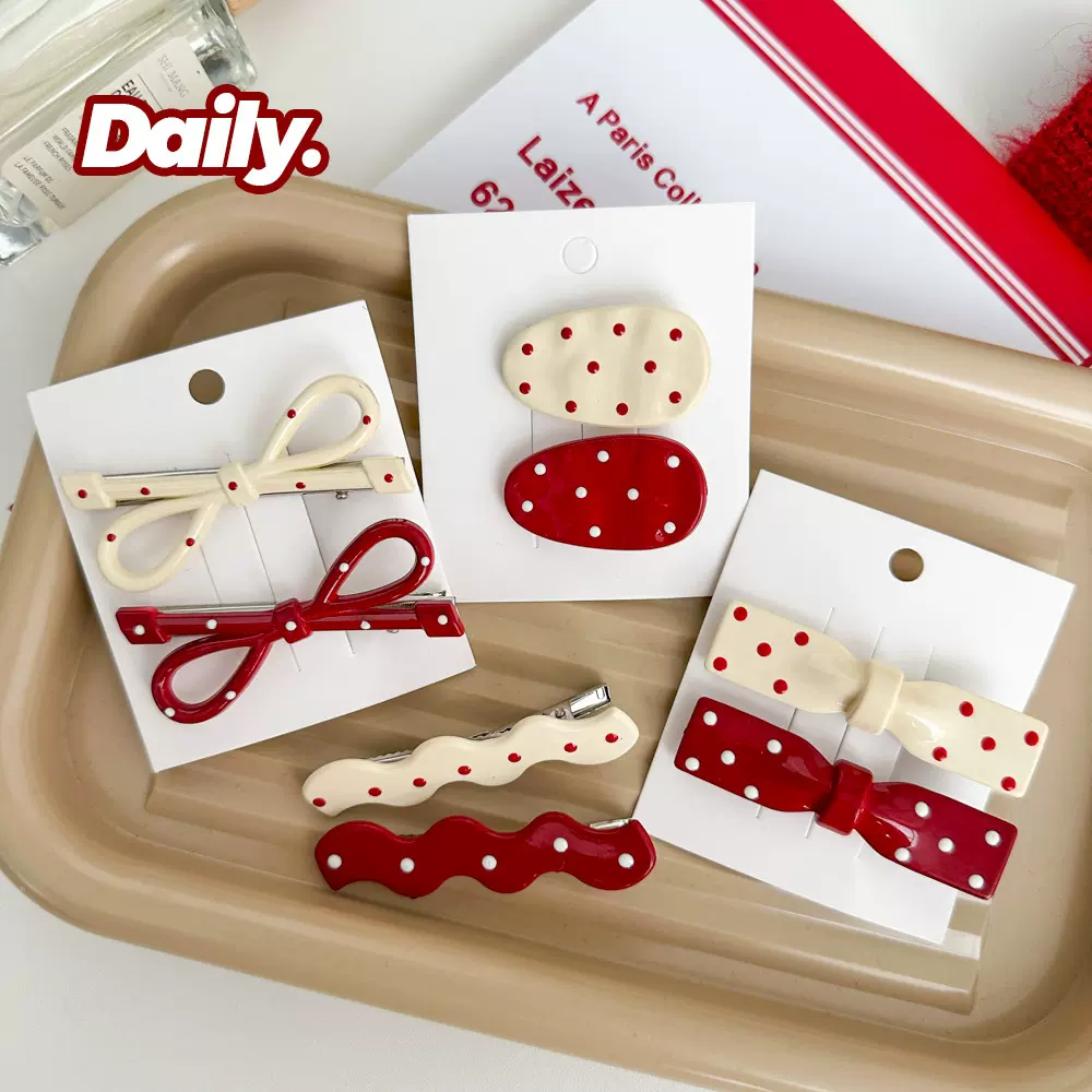 秋冬安哥拉红蝴蝶结发夹套装简约刘海侧边发卡甜美少女心头饰百搭