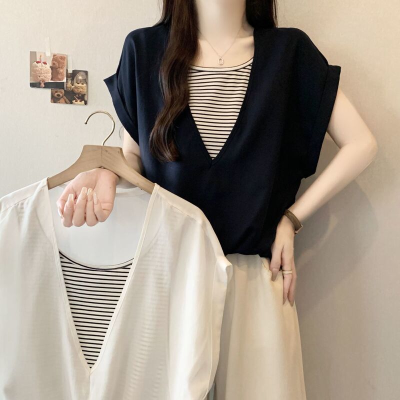 大码设计感撞色条纹假两件短袖T恤女夏季新款胖mm宽松显瘦上衣女|undefined