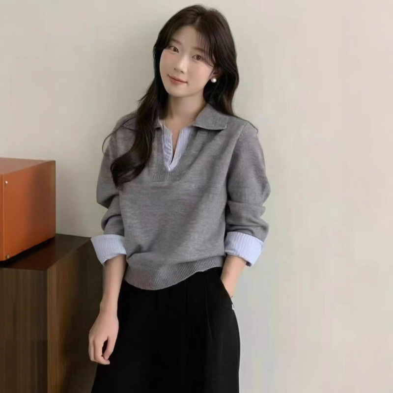 New Korean Style Women's Fake Two-Piece Patchwork Sweater Women's Retro Striped Contrast Design Warm Sweater Women's Lapel