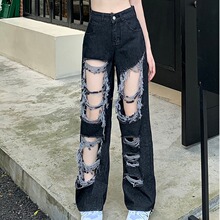 美式高街破洞牛仔裤女夏季高腰直筒宽松百搭流苏设计感阔腿拖地裤