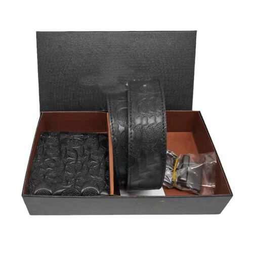 Men's printed short wallet money clip, men's waist belt, complete set with packaging, high-end three-piece set
