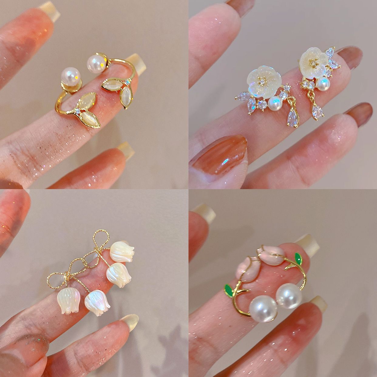 S925银针珍珠花朵耳环女小众设计感简约气质鱼尾珍珠耳钉白搭耳饰