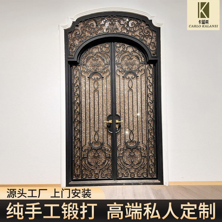 British-Style Hand-Forged Iron Entry Door with Brown Crystal Diamond Glass for Self-Built Houses, Double-Opening Entry Door, Anti-Theft Door British-Style Hand-Forged Iron Entry Door with Brown Crystal Diamond Glass for Self-Built Houses, Double-Opening Entry Door, Anti-Theft Door