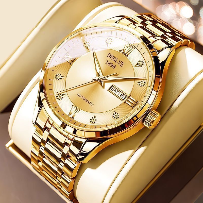 Classic Men's Watch Men's Business Quartz Men's Watch Large Dial Steel Strap Fully Automatic Non-Mechanical Watch Waterproof Gold