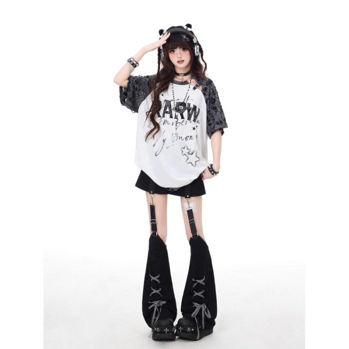 crazygirl サブカルチャー スターリッピング スプライシング ラグラン デザイン ニッチ ルーズ 万能 Tシャツ 夏新作|undefined